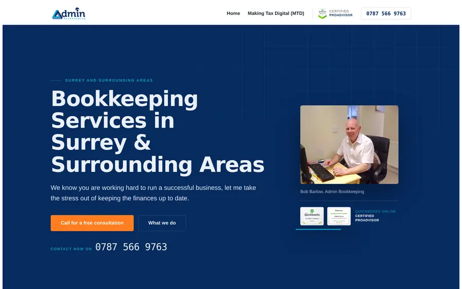 Admin Bookkeeping homepage: a deep blue hero with the headline Bookkeeping Services in Surrey and Surrounding Areas.