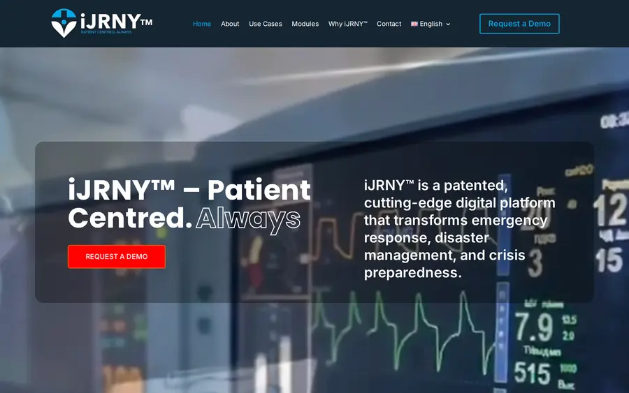 iJRNY homepage: a dark medical interface with the headline Patient Centred. Always.