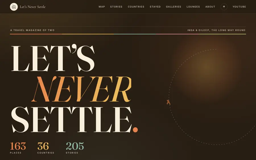 Let&rsquo;s Never Settle homepage: a large serif wordmark on a dark ground, with counts of places, countries and stories.