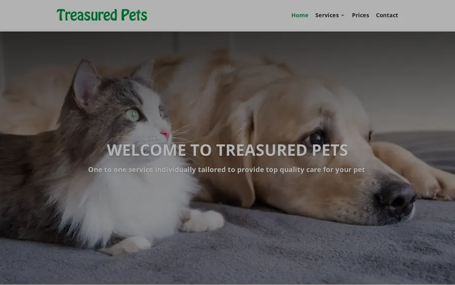 Treasured Pets homepage: a cat and a dog lying together, with the words Welcome to Treasured Pets.